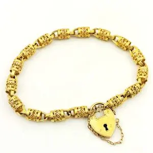 Vintage 9ct Gold Barrel Bracelet with Heart Locket & Safety Chain