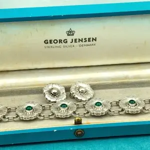 Vintage Georg Jensen Silver Chrysoprase Floral Bracelet No 36 & Earrings c1945