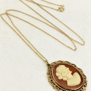 Antique 9ct Gold Cameo Pendant c1920's & 10ct Gold Chain