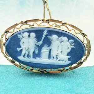 Antique Victorian 9ct Gold Wedgwood Blue Jasperware Cameo Brooch - Circa 1890's