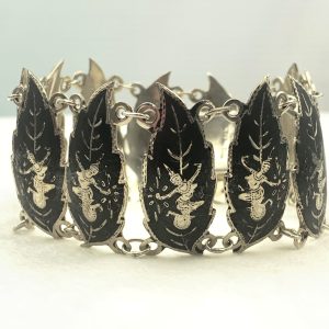 Vintage Siam 925 Sterling Silver Niello Dancer Floral Chain Bracelet