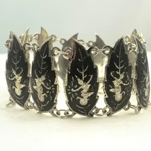 Vintage Siam 925 Sterling Silver Niello Dancer Floral Chain Bracelet