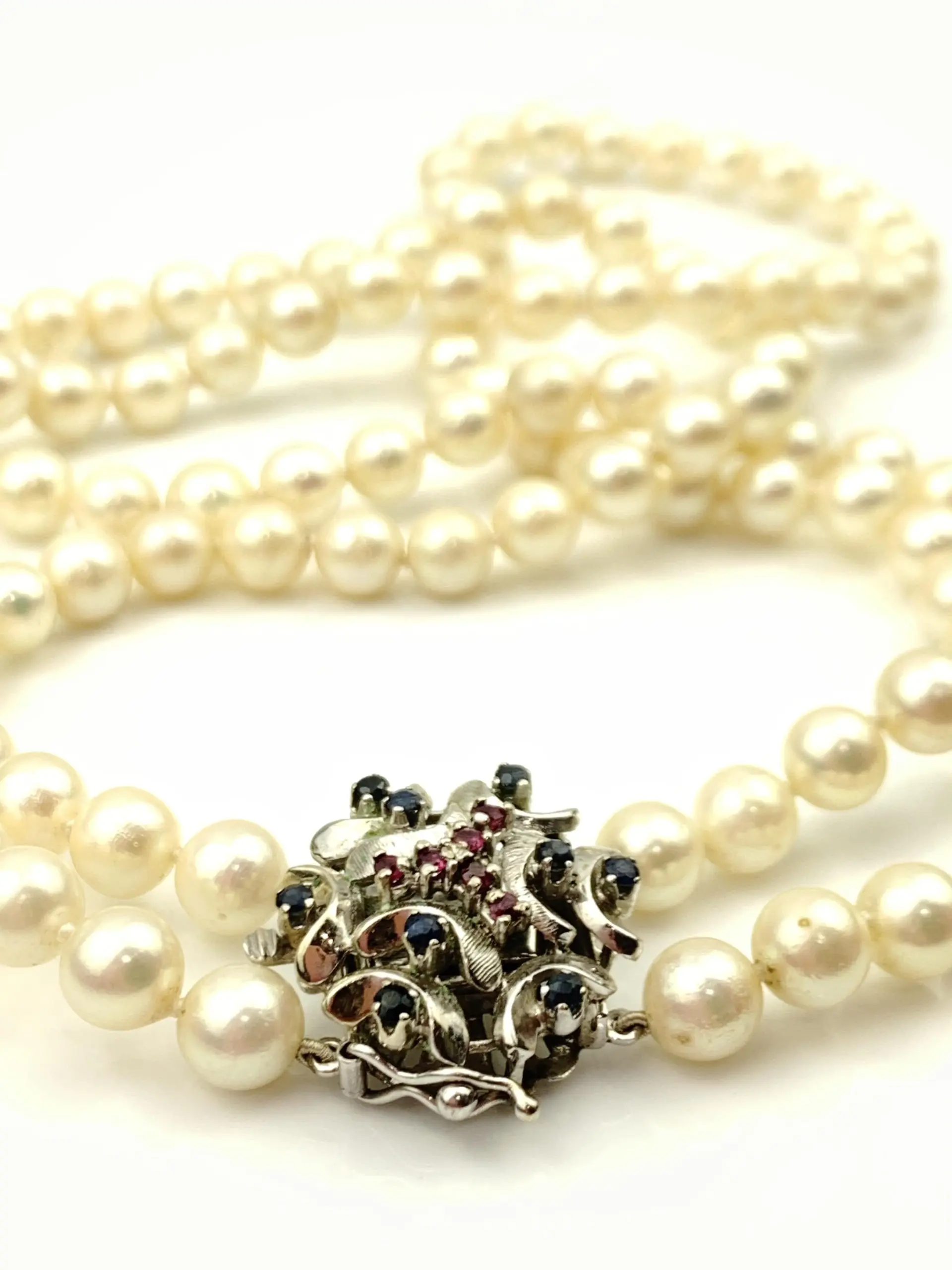 Akoya Pearl Necklace Double Strand - 18ct Gold Sapphire & Ruby Clasp - Image 3