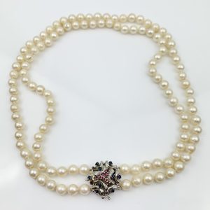 Akoya Pearl Necklace Double Strand - 18ct Gold Sapphire & Ruby Clasp