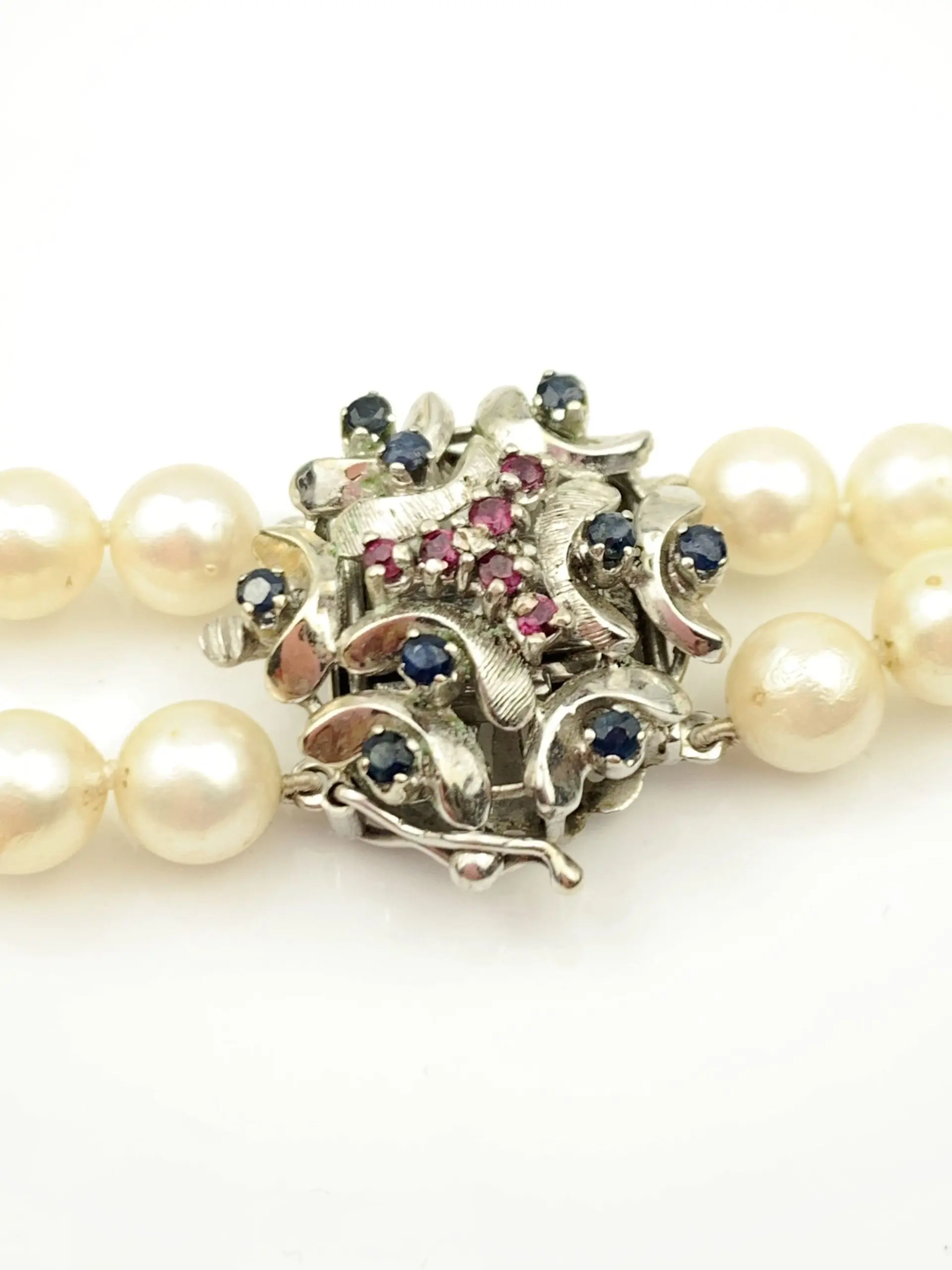 Akoya Pearl Necklace Double Strand - 18ct Gold Sapphire & Ruby Clasp - Image 5