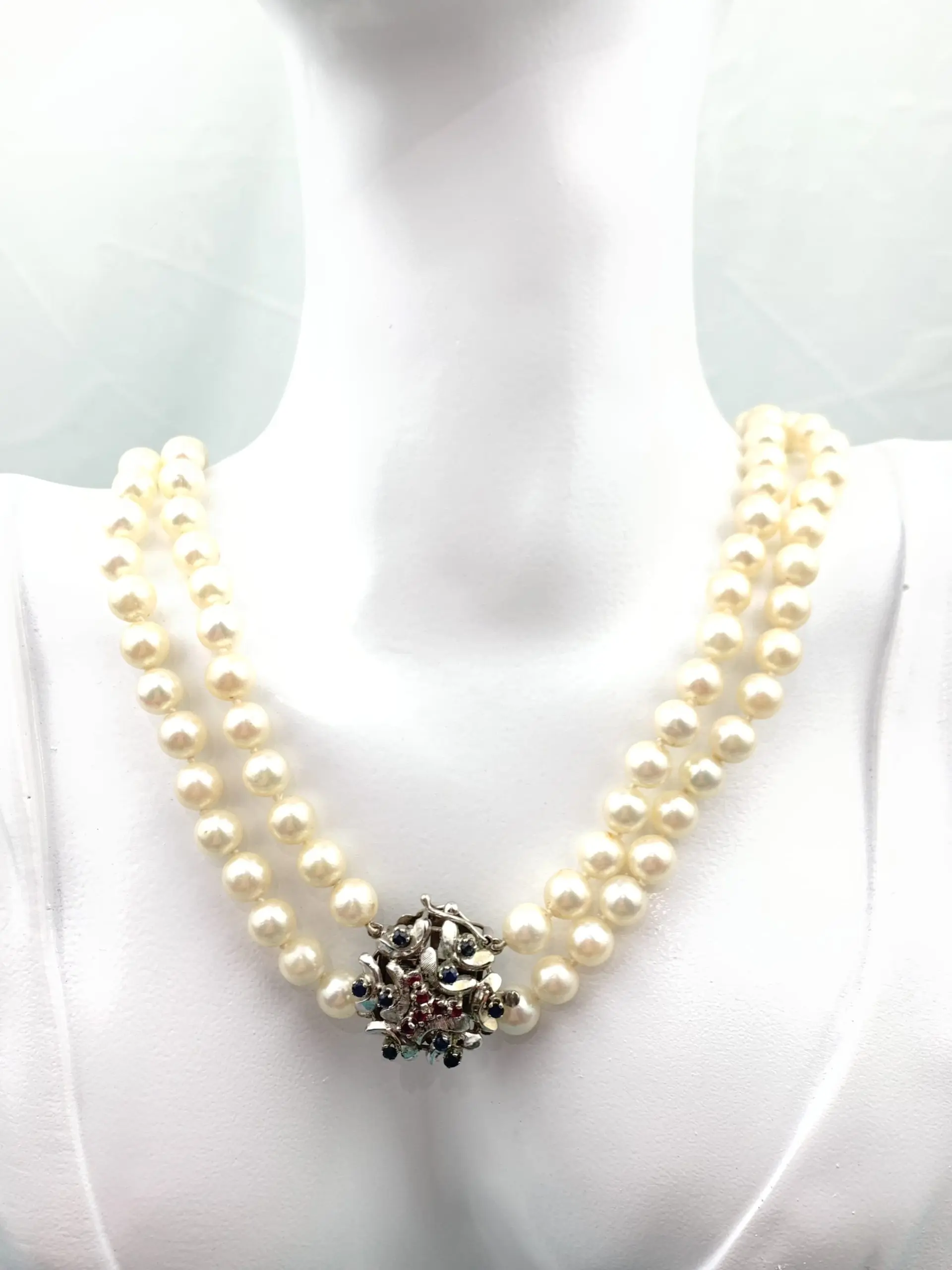 Akoya Pearl Necklace Double Strand - 18ct Gold Sapphire & Ruby Clasp - Image 4