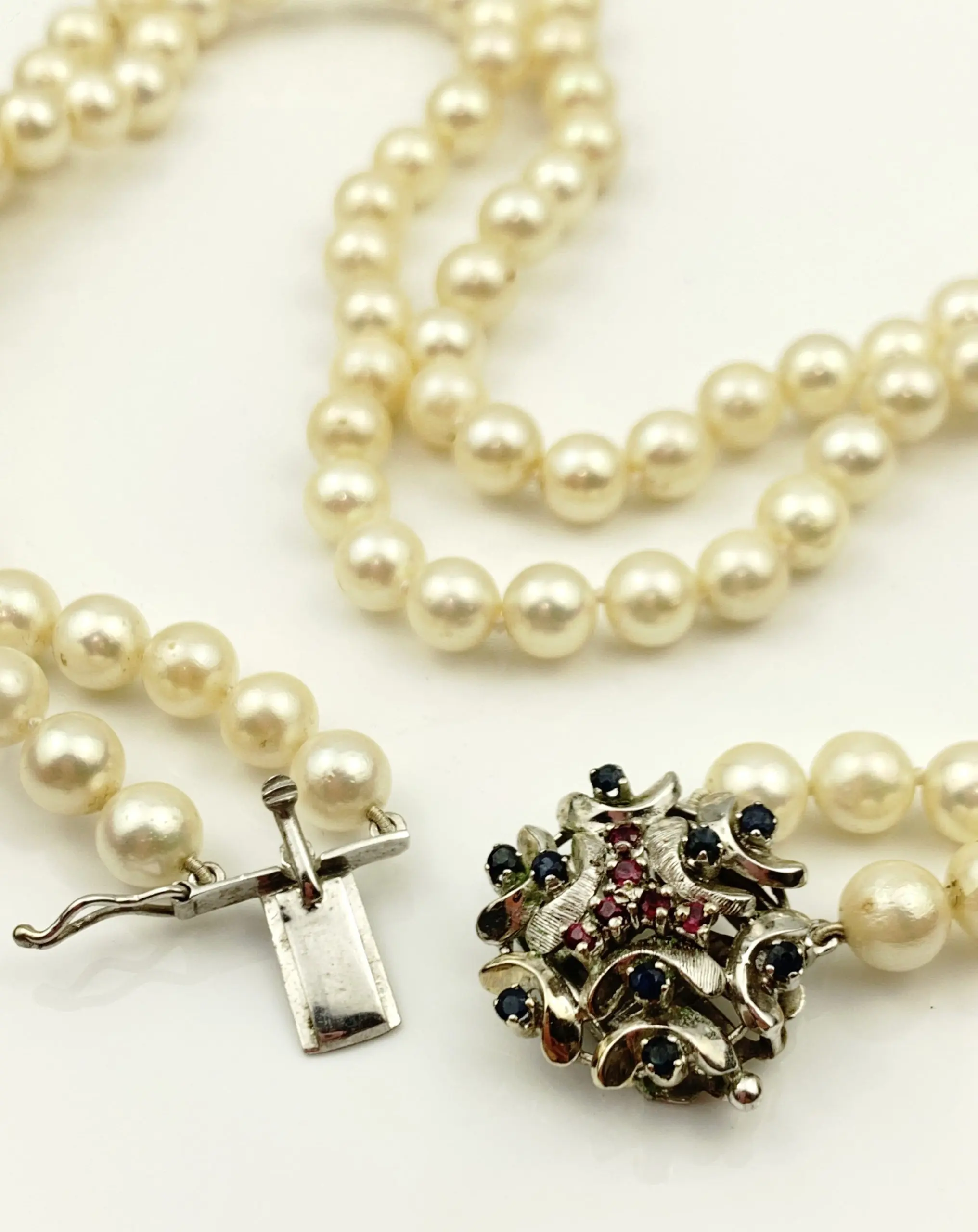 Akoya Pearl Necklace Double Strand - 18ct Gold Sapphire & Ruby Clasp - Image 6