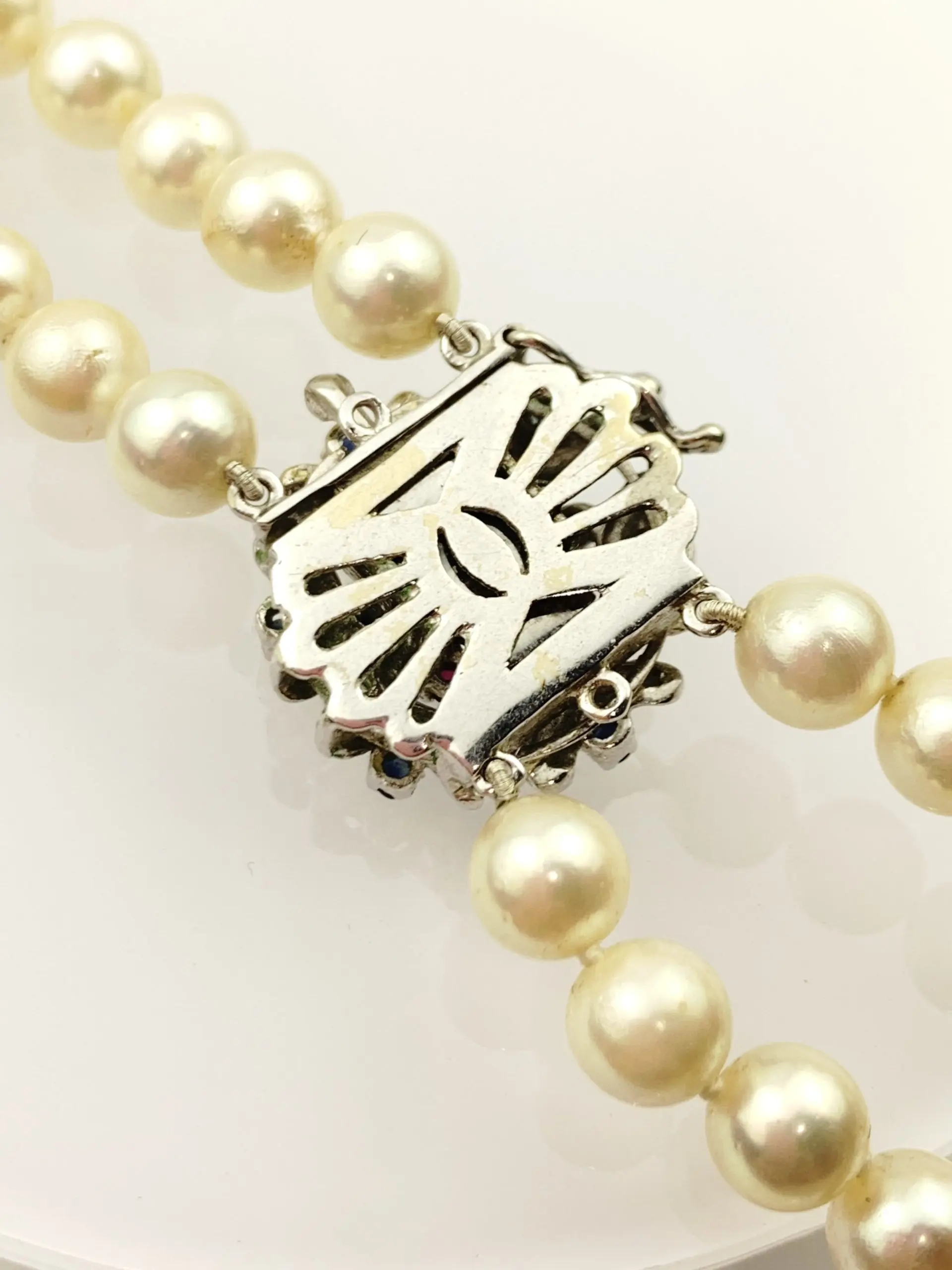 Akoya Pearl Necklace Double Strand - 18ct Gold Sapphire & Ruby Clasp - Image 7