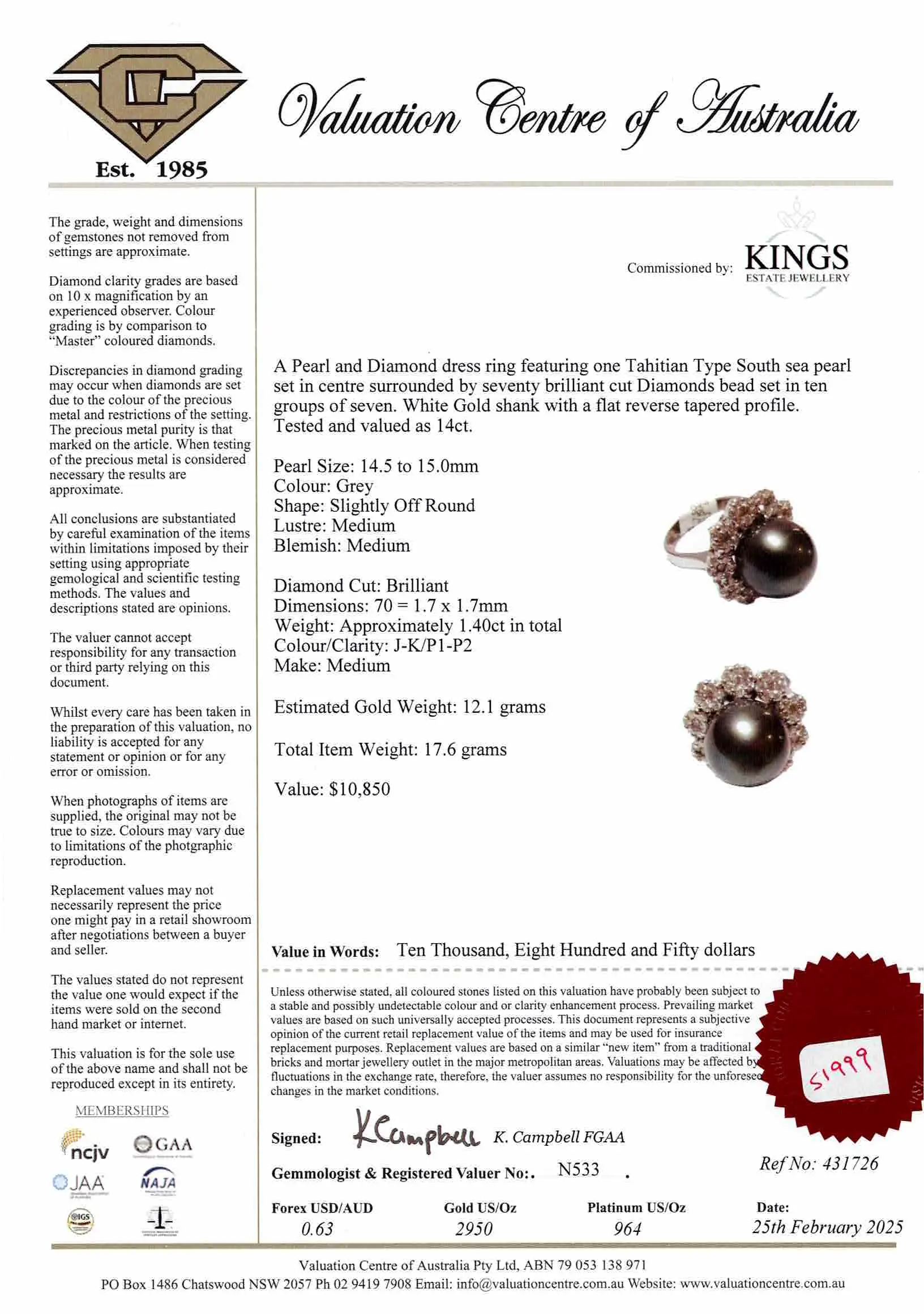 14ct Gold Diamond & Tahitian Black Pearl Ring - Image 6