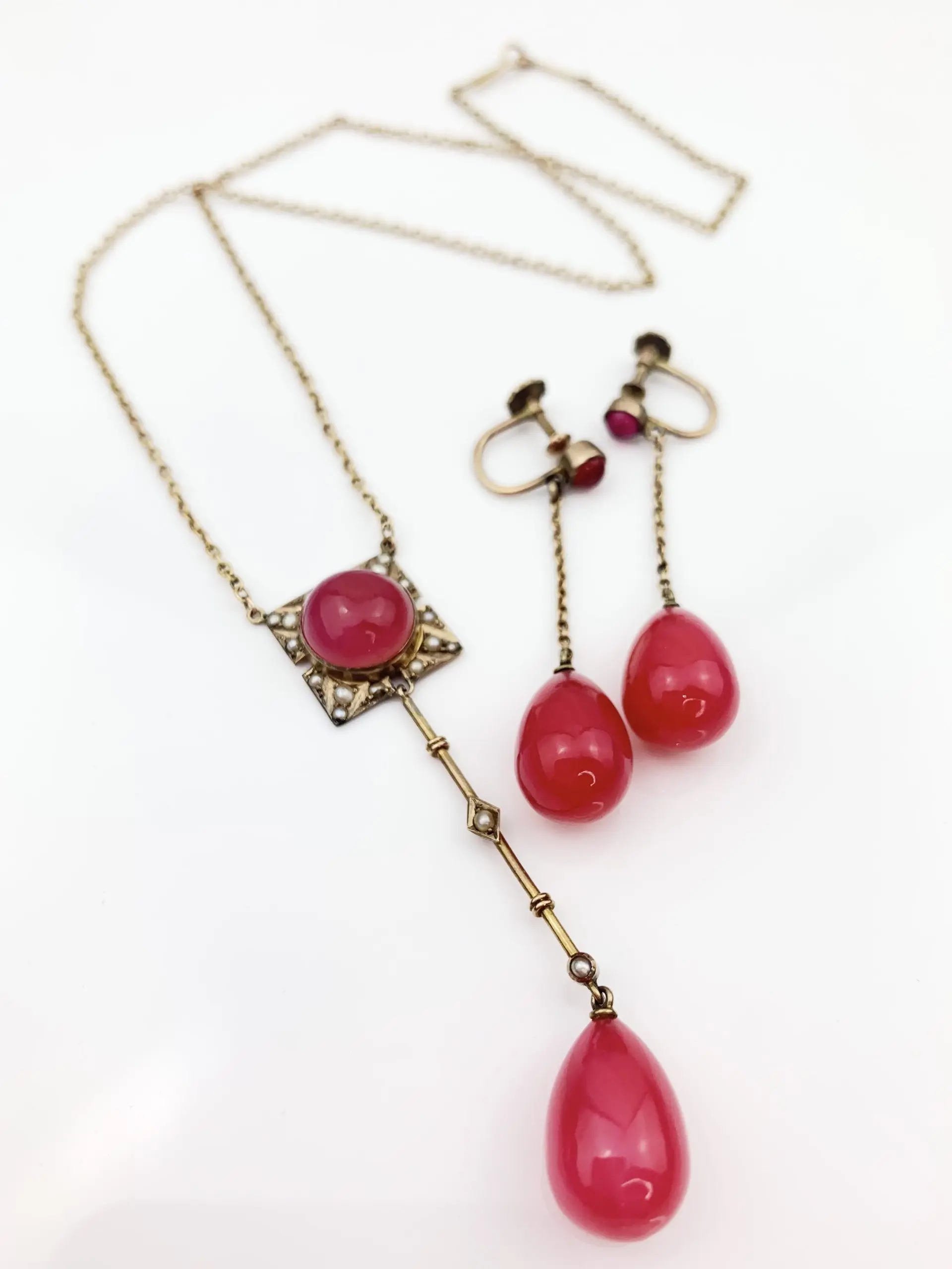 Antique 9ct Gold Art Deco Lavalier Necklace & Earrings - Image 4