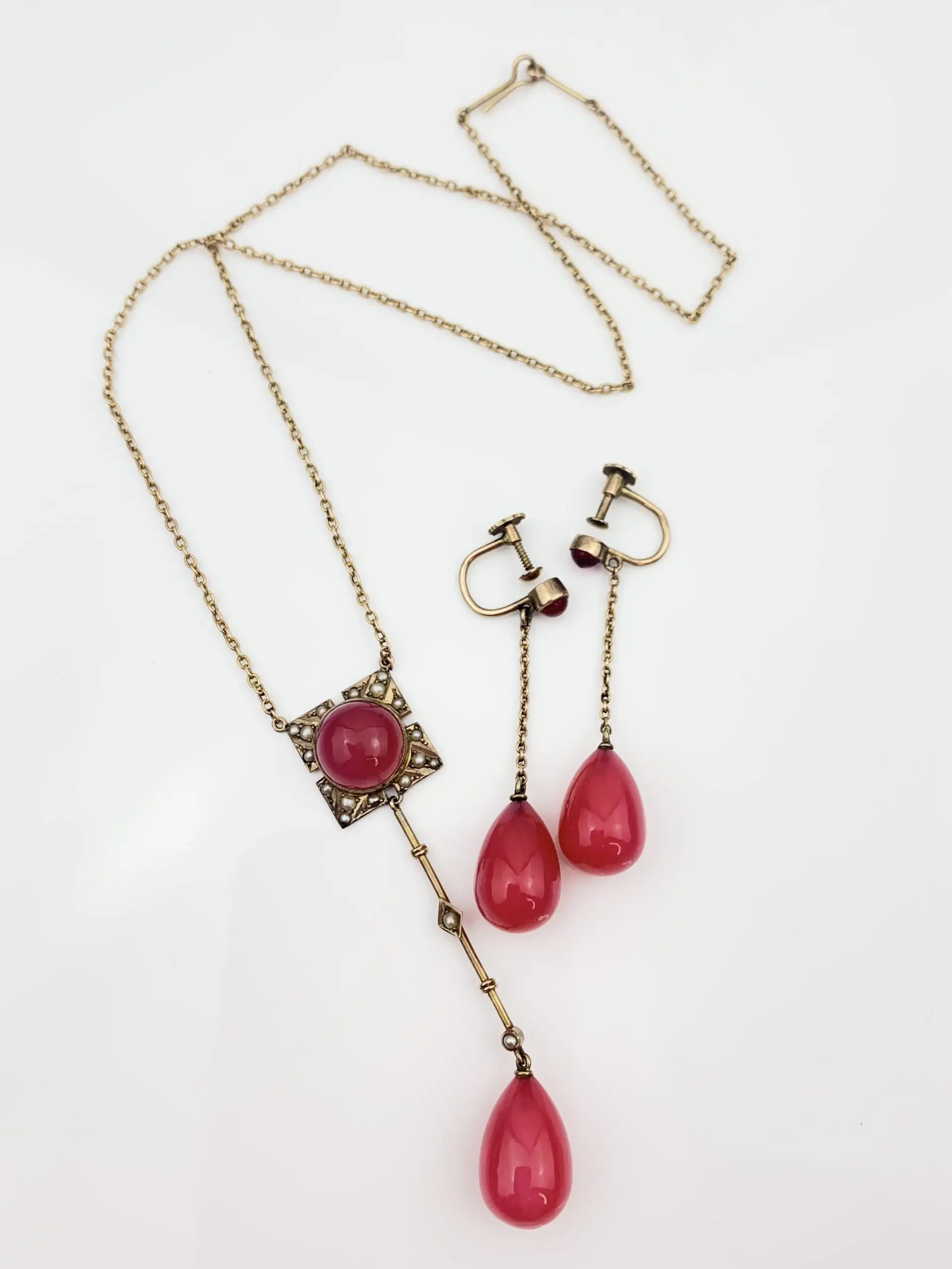 Antique 9ct Gold Art Deco Lavalier Necklace & Earrings - Image 3