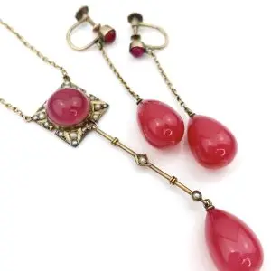 Antique 9ct Gold Art Deco Lavalier Necklace & Earrings
