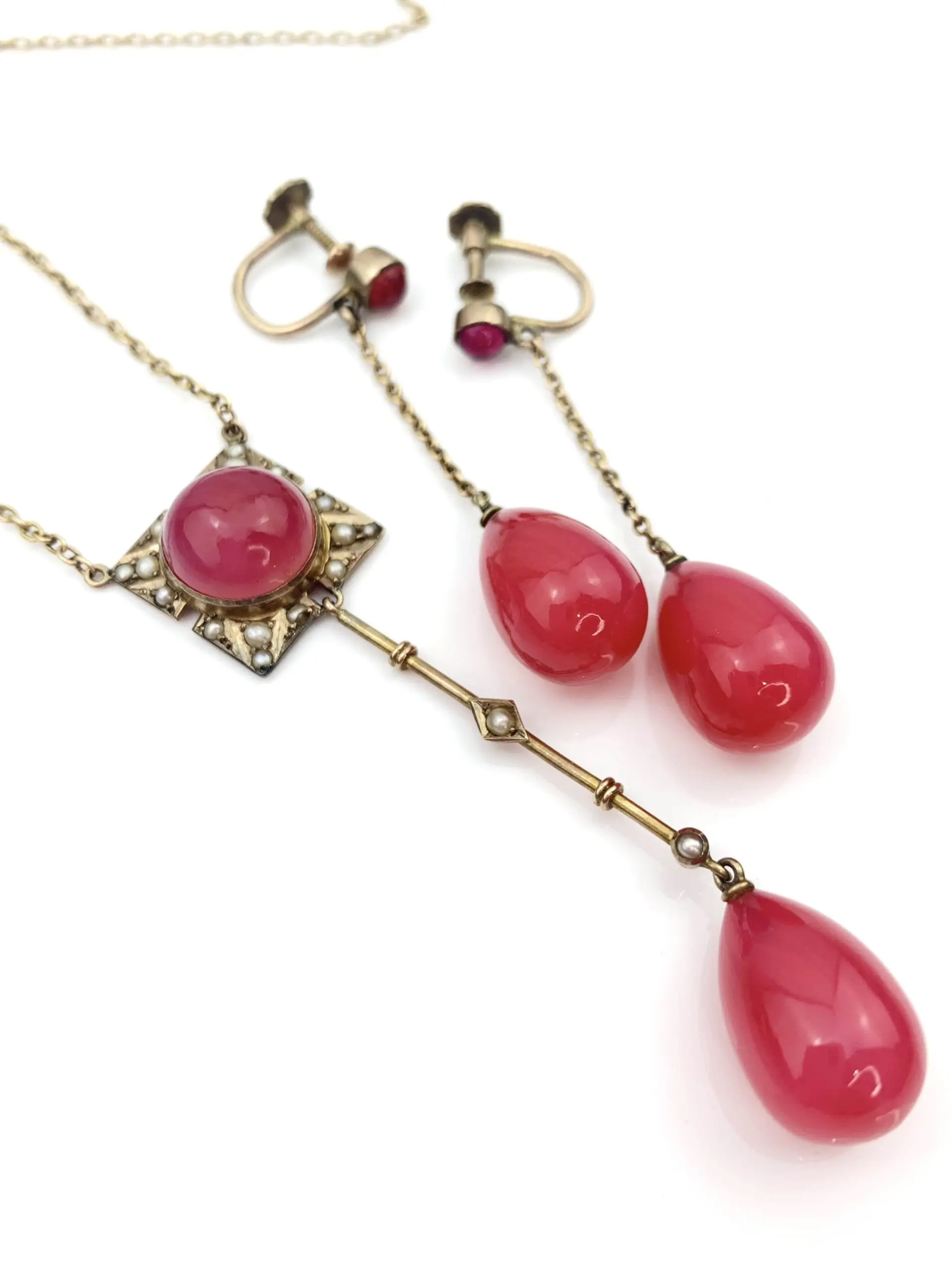 Antique 9ct Gold Art Deco Lavalier Necklace & Earrings