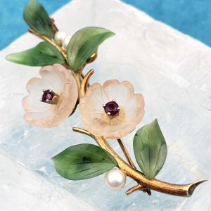 14ct Gold Vintage Brooch with Rubies, Rock Crystal & Nephrite