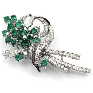 14ct White Gold Diamond & Emerald Brooch
