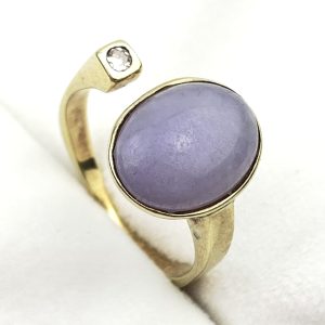 Open-cuff 14ct Gold Diamond & Lavender Jadeite Ring
