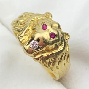 18ct Gold Ruby Diamond Lions Head Ring