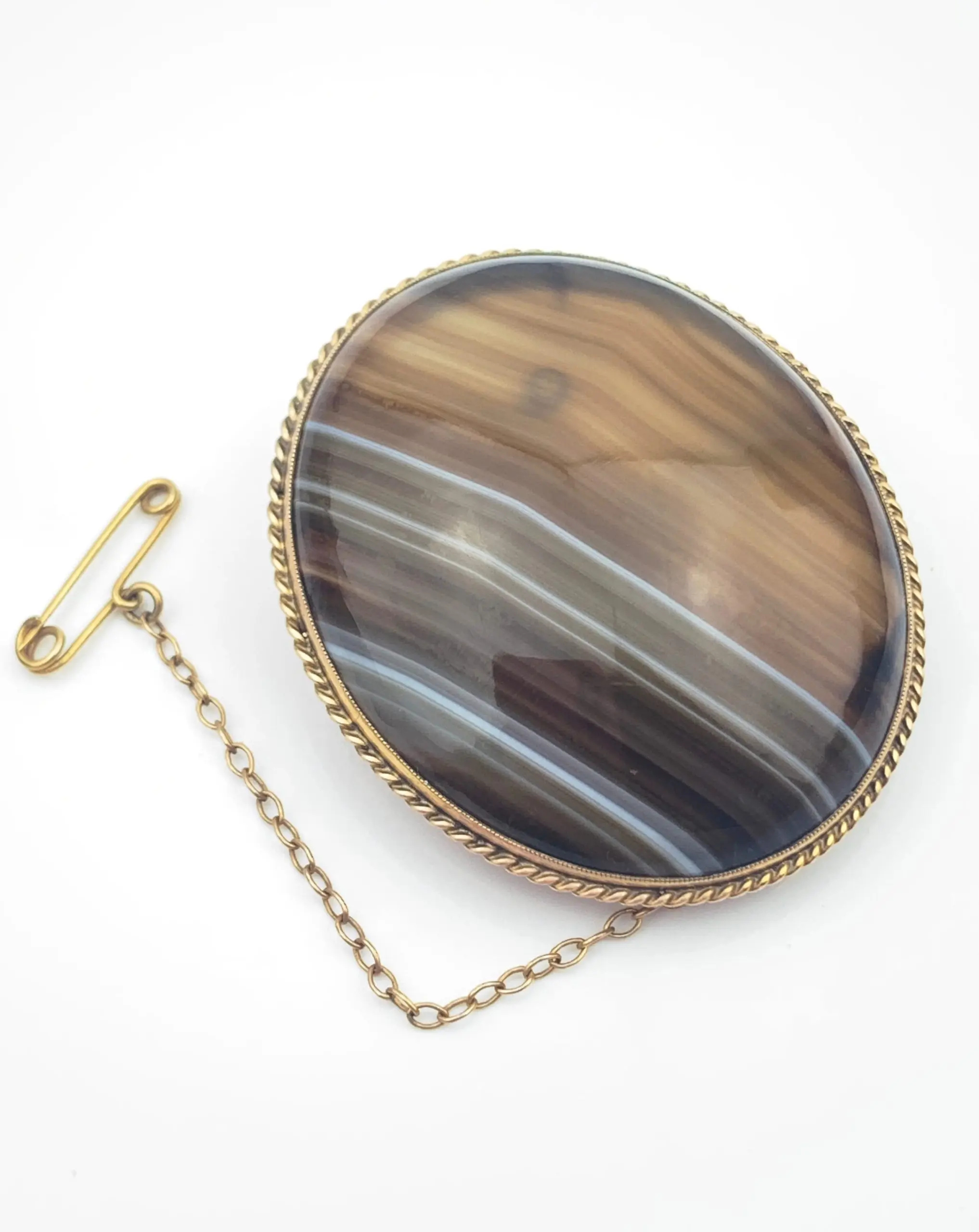 Vintage 9ct Gold Banded Agate Brooch