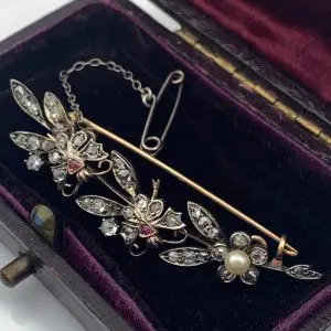 Antique Brooch 9ct Gold Pearl, Ruby & Diamond - c1900's