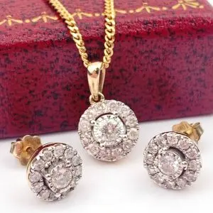 9ct Gold Diamond Earrings & Pendant Set