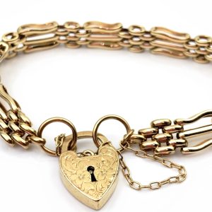 9ct Gold Gate Link Bracelet & Heart Padlock