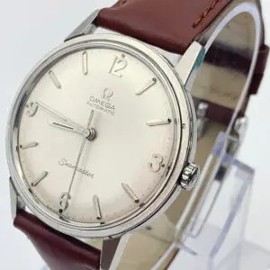 Omega Seamaster automatic wristwatch with a white dial and brown leather strap on a silver case.