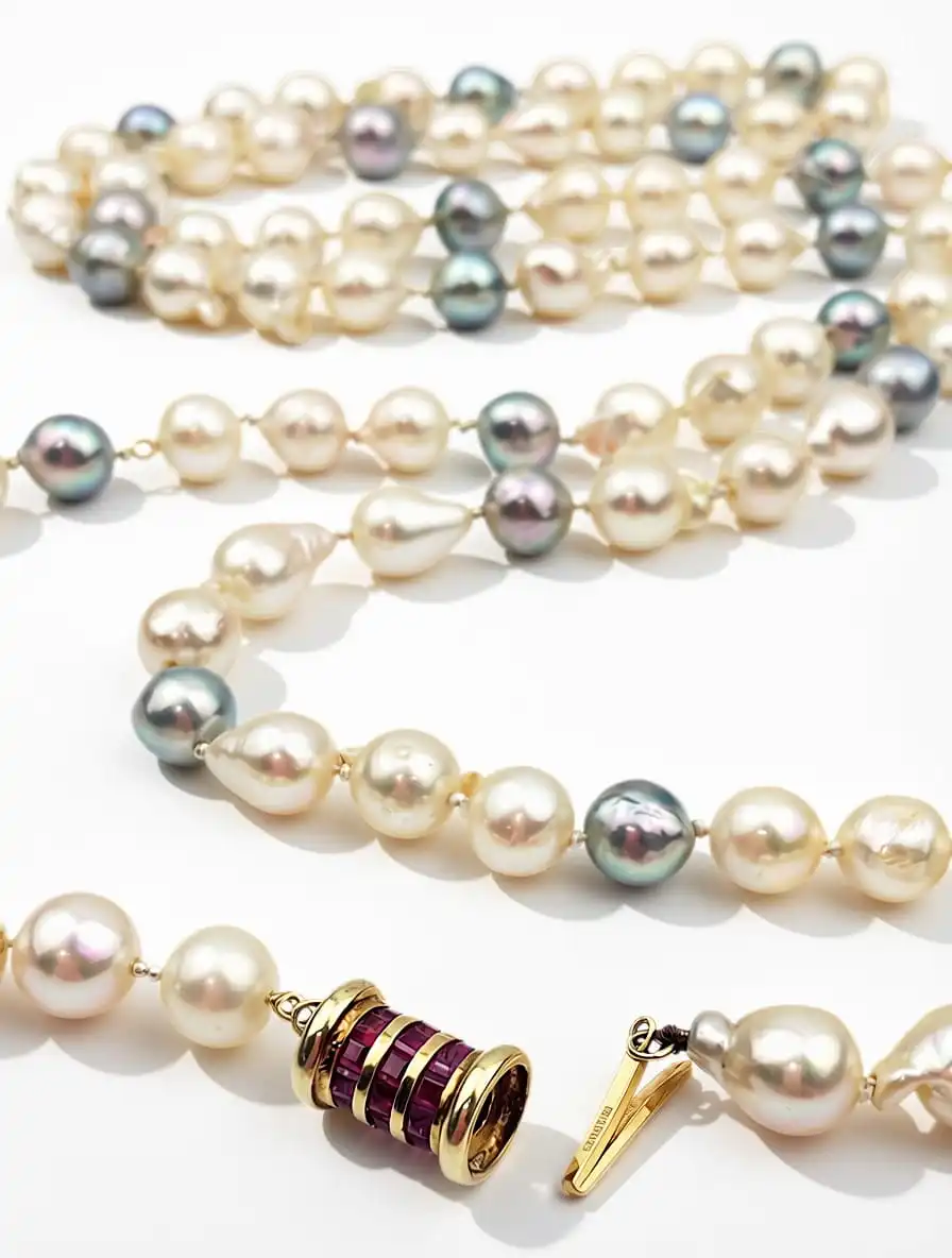 Baroque Akoya Pearl Necklace with 14ct Gold Ruby Clasp - Image 4